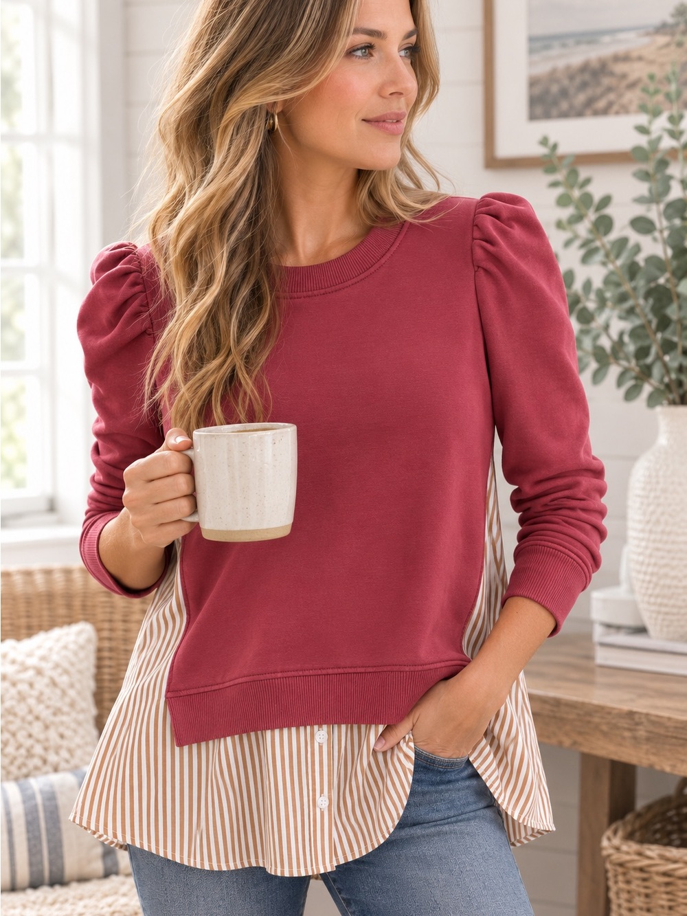 Maeve by Anthropologie Mixed Media Puff Sleeve Sweatshirt | Small